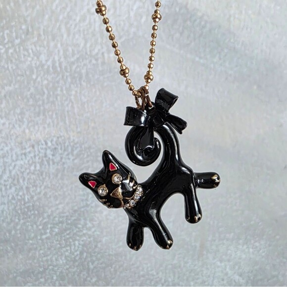Betsey Johnson Black Cat Pendant Antique Gold Tone Necklace Rhinestone Rare 19' - Picture 1 of 12